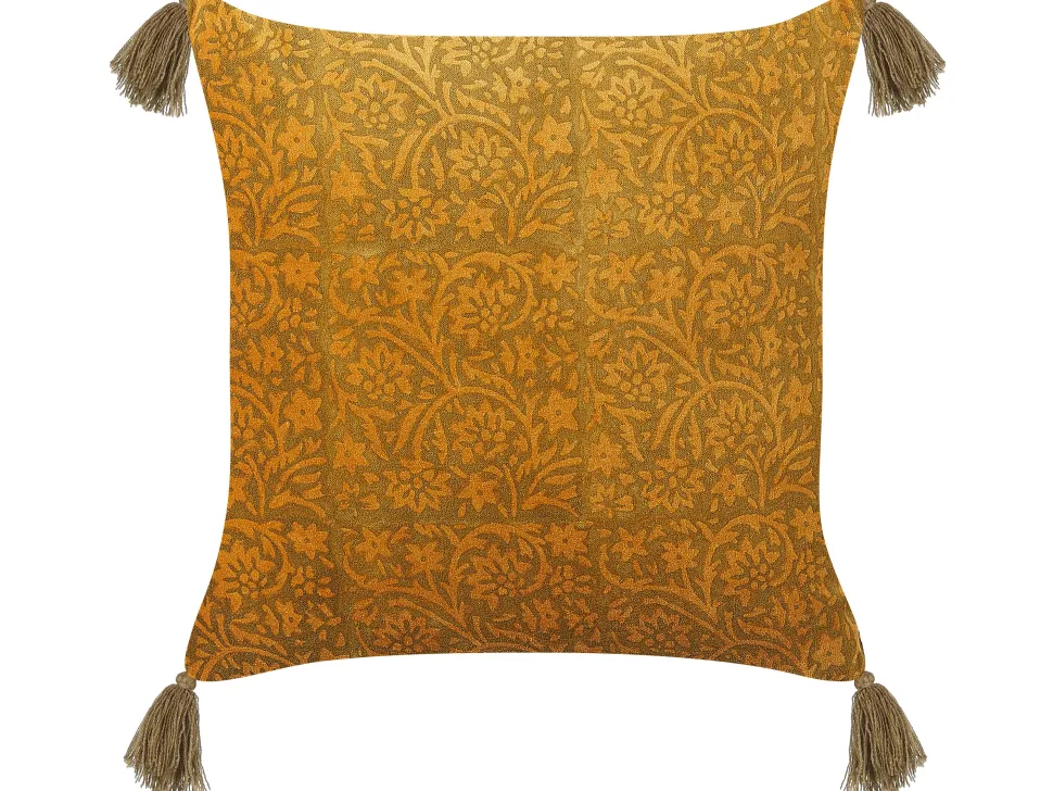 Almofada Decorativa Com Padrao Floral E Borlas Em Veludo Amarelo 45 X 45 Cm Rheum