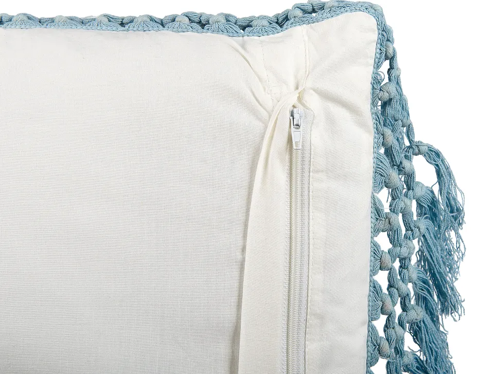 Almofada Decorativa Com Padrao Floral E Borlas Em Algodao Branco E Azul 45 X 45 Cm Pallida