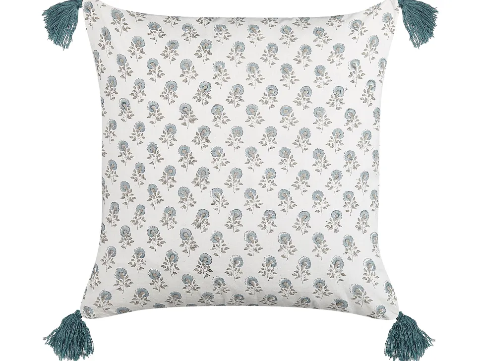 Almofada Decorativa Com Padrao Floral E Borlas Em Algodao Branco A Azul 45 X 45 Cm Cornus