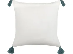 Almofada Decorativa Com Padrao Floral E Borlas Em Algodao Branco A Azul 45 X 45 Cm Cornus