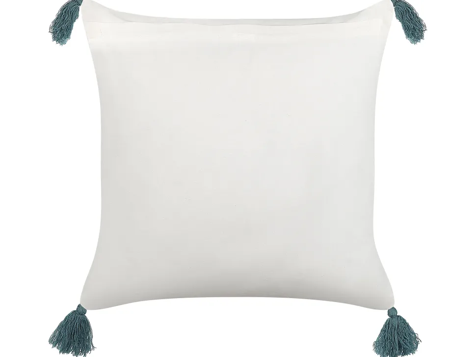 Almofada Decorativa Com Padrao Floral E Borlas Em Algodao Branco A Azul 45 X 45 Cm Cornus