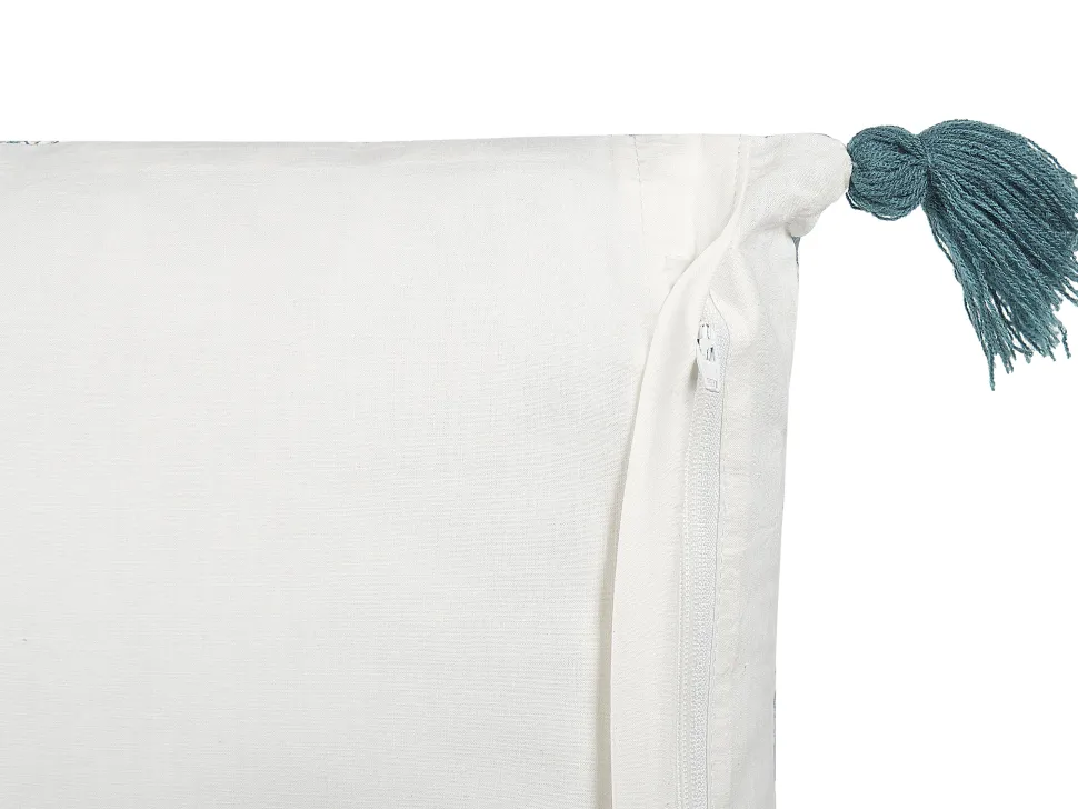 Almofada Decorativa Com Padrao Floral E Borlas Em Algodao Branco A Azul 45 X 45 Cm Cornus