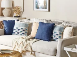 Almofada Decorativa Em Algodao Branco E Azul Com Borlas 45 X 45 Cm Datura