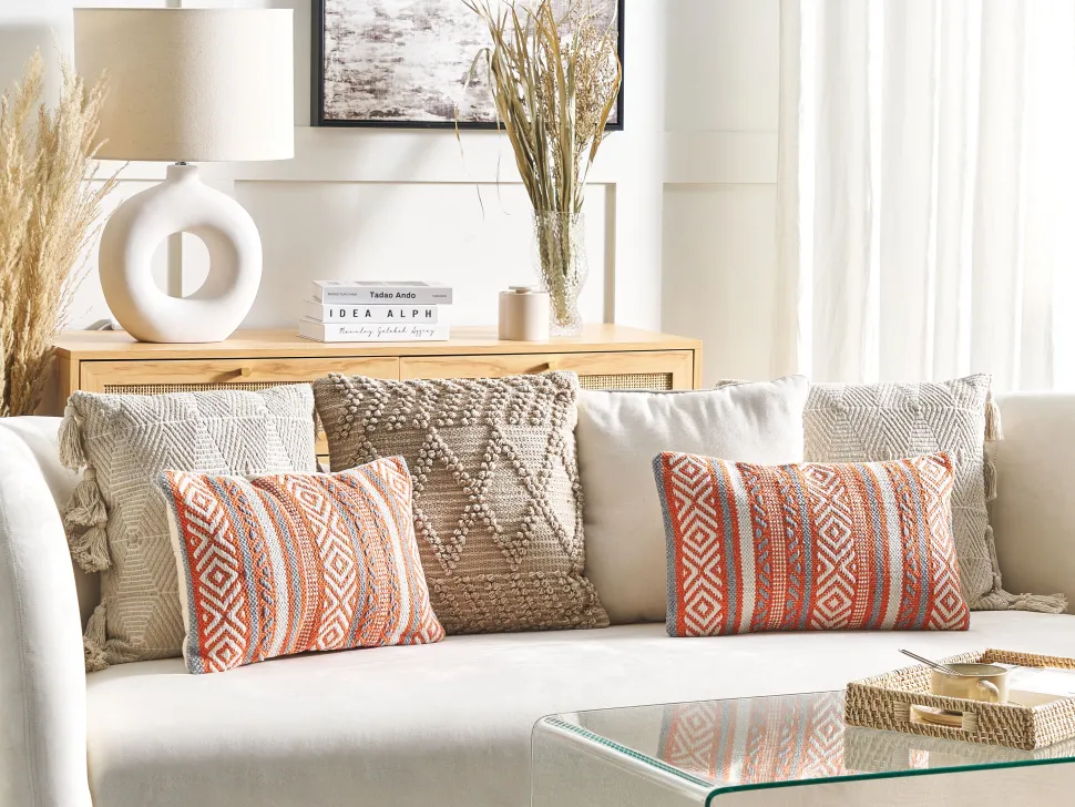 Almofada Decorativa Em Algodao Laranja E Branco Com Padrao Geometrico 30 X 50 Cm Inula