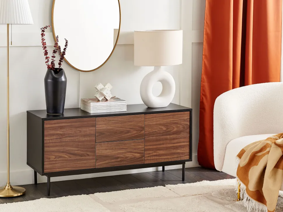 Aparador Com 2 Gavetas E 2 Portas Em Madeira Escura E Preto Okland