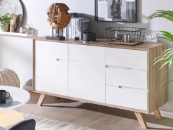 Aparador Com 3 Gavetas E 2 Porta Branco E Cor De Madeira Clara Forester