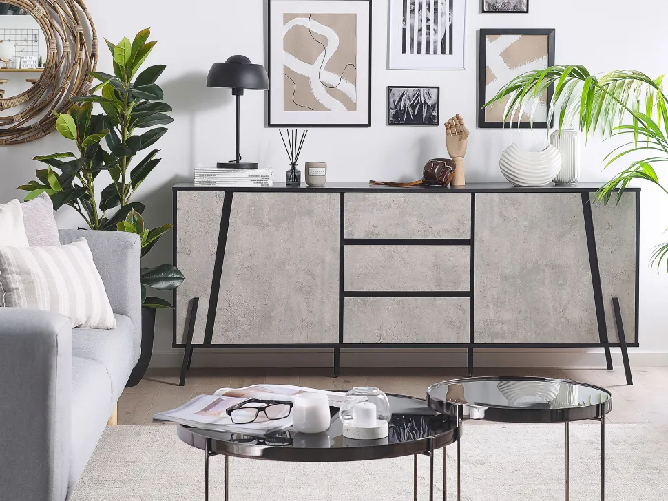 Aparador Com 3 Gavetas E 2 Portas Em Efeito De Concreto E Preto Blackpool