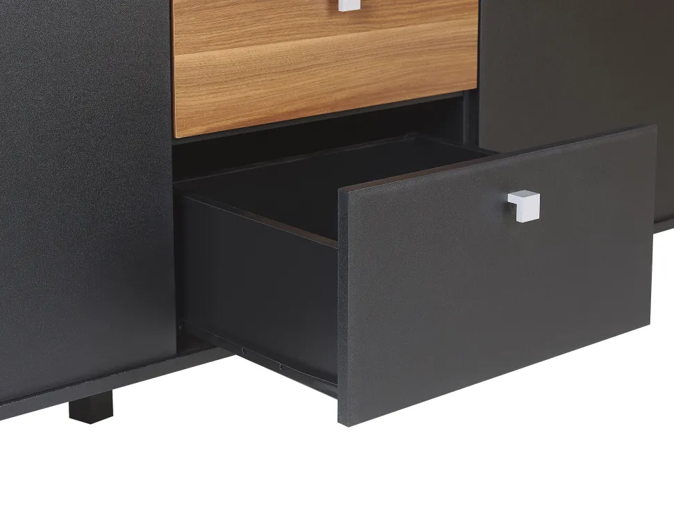 Aparador Com 3 Gavetas E 2 Portas Preto E Cor De Madeira Escura Kuro