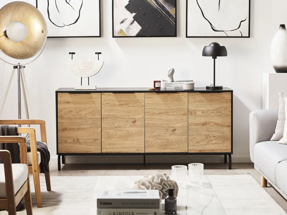 Aparador Com 4 Portas Preto E Cor De Madeira Clara Arkley