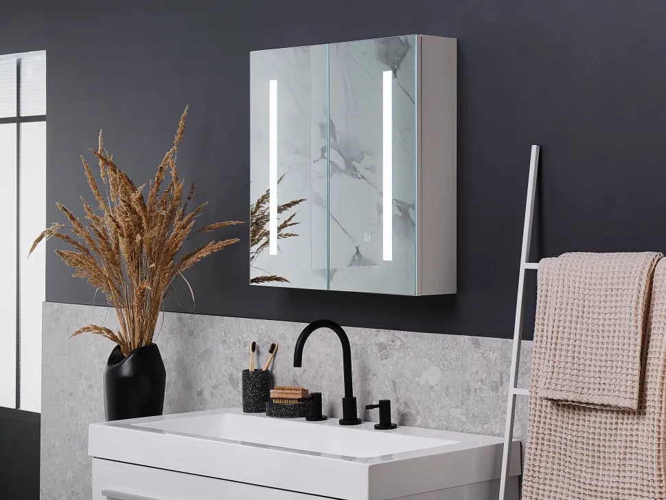 Armario De Casa De Banho Com Espelho E Led 60 X 60 Cm Branco Chabunco