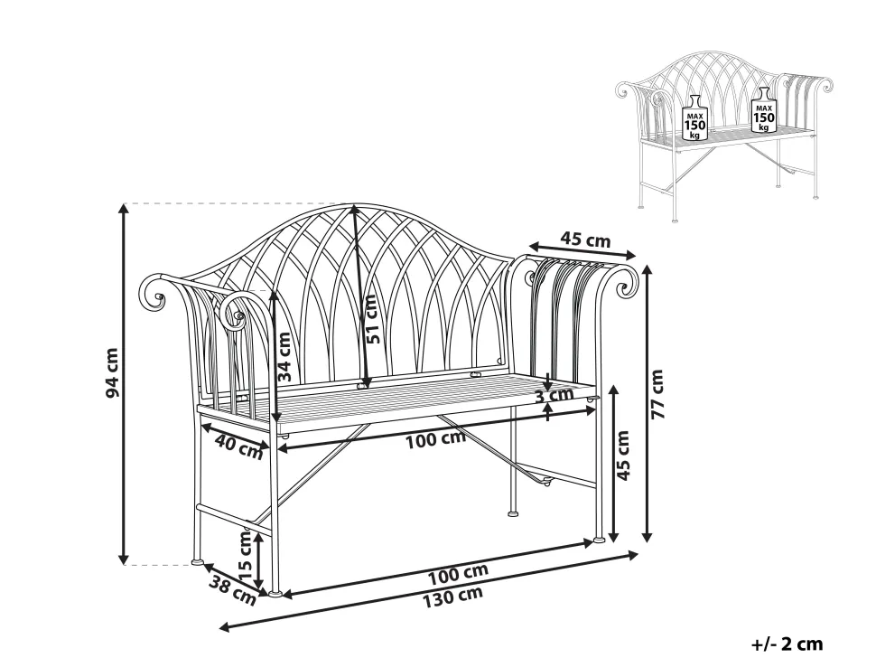 Banco De Jardim Em Metal Preto 130 Cm Milazzo