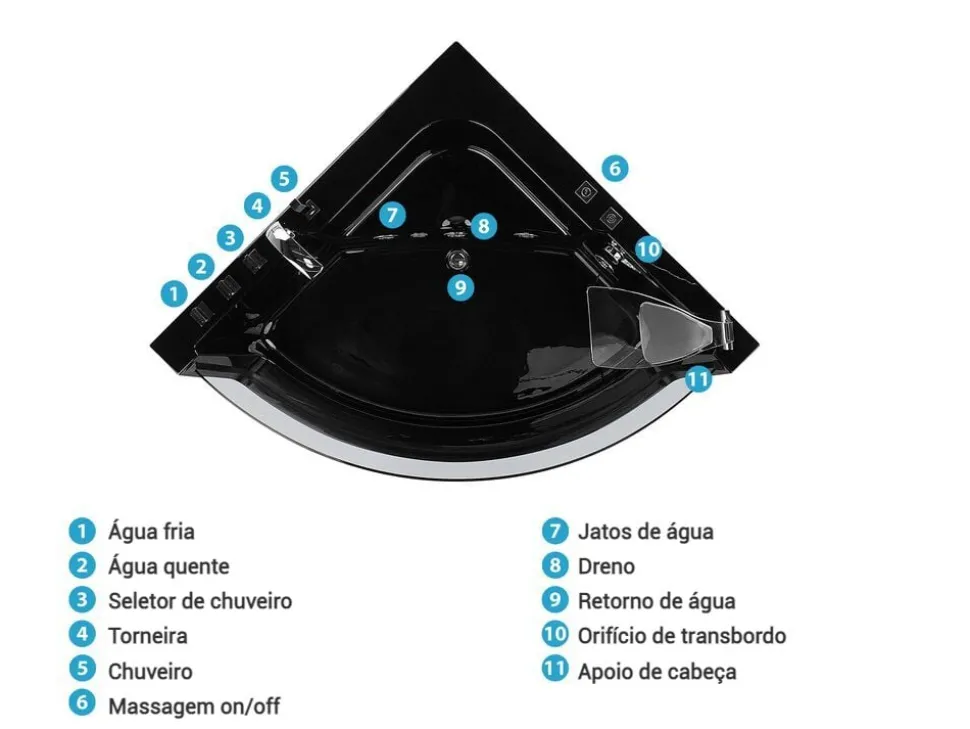 Banheira De Hidromassagem De Canto Em Acrilico Preto Com Led 190 X 135 Cm Marina