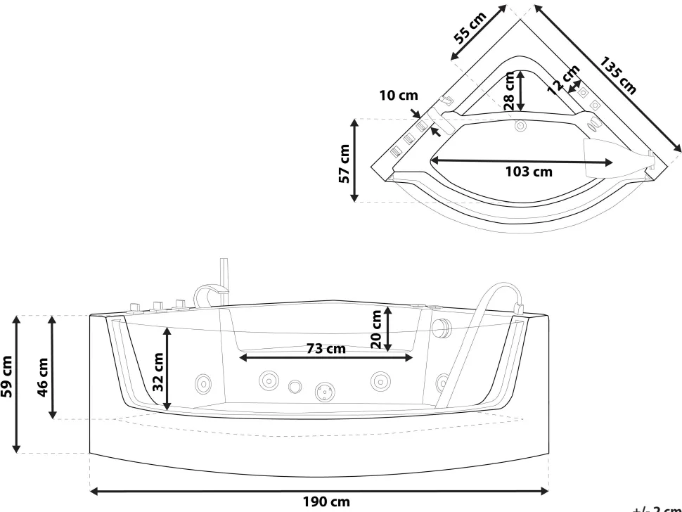 Banheira De Hidromassagem De Canto Em Acrilico Preto Com Led 190 X 135 Cm Marina