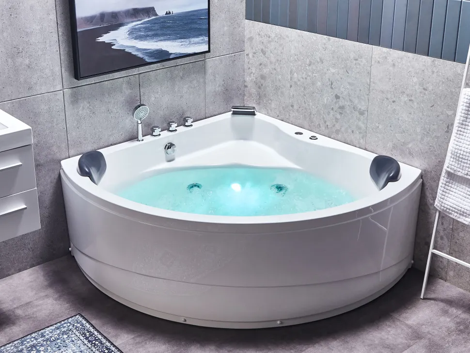Banheira De Hidromassagem De Canto Em Acrilico Branco Com Led 140 X 140 Cm Baracoa