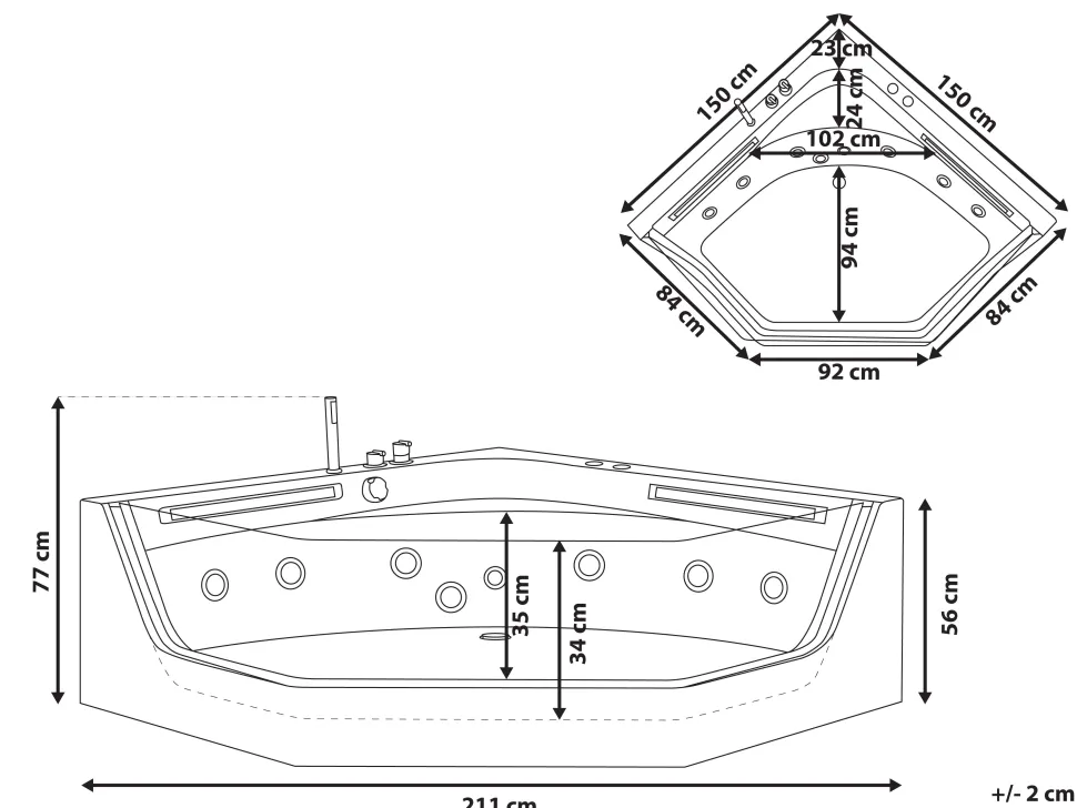 Banheira De Hidromassagem De Canto Em Acrilico Branco Com Led 211 X 150 Cm Caceres
