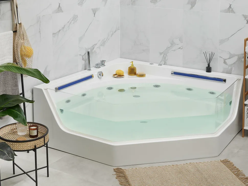 Banheira De Hidromassagem De Canto Em Acrilico Branco Com Led 211 X 150 Cm Caceres