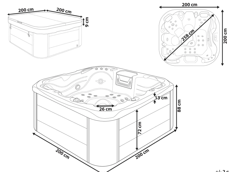 Banheira De Hidromassagem De Exterior Em Acrilico Cinzento Com Led 200 X 200 Cm Lastarria