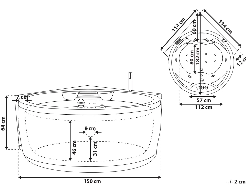 Banheira De Hidromassagem De Canto Em Acrilico Branco Com Led E Coluna Bluetooth 150 X 114 Cm Milano
