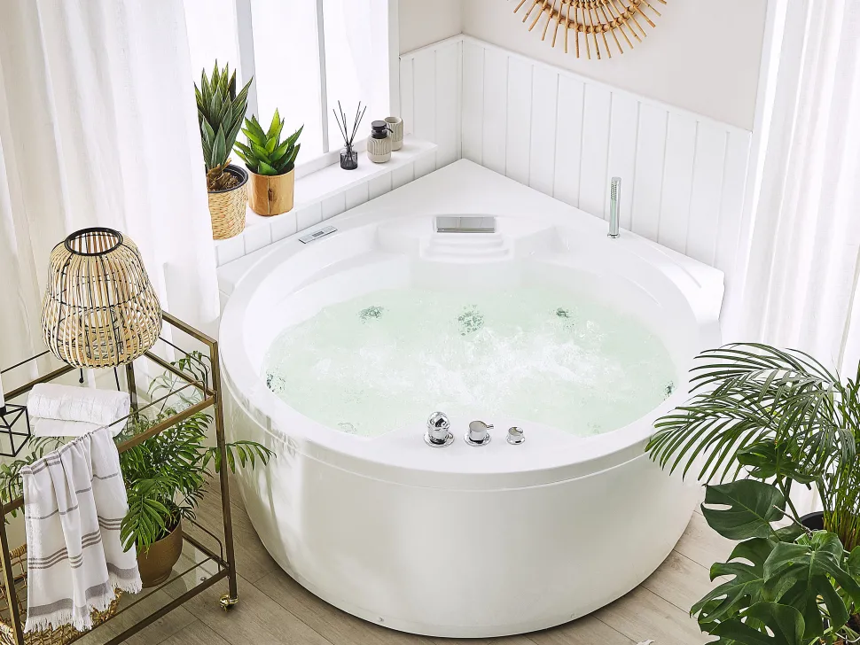 Banheira De Hidromassagem De Canto Em Acrilico Branco Com Led E Coluna Bluetooth 150 X 114 Cm Milano