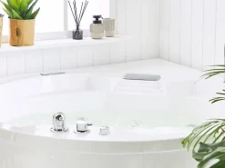 Banheira De Hidromassagem De Canto Em Acrilico Branco Com Led E Coluna Bluetooth 150 X 114 Cm Milano