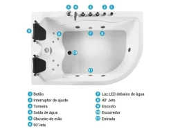 Banheira De Hidromassagem De Canto Direito Em Acrilico Branco Com Led 180 X 120 Cm Calama