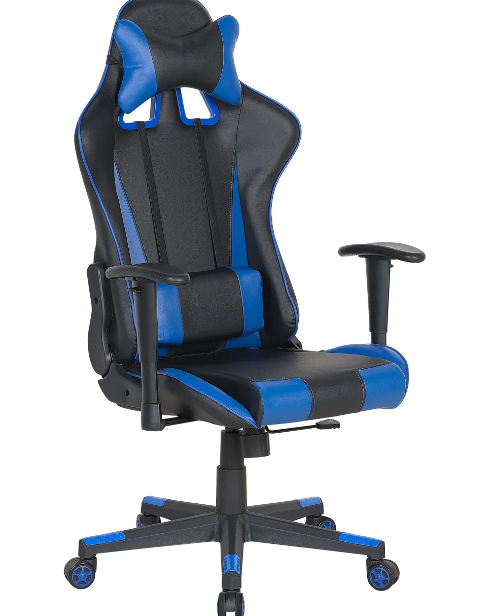 Cadeira De Escritorio Em Pele Sintetica Preta E Azul Gamer