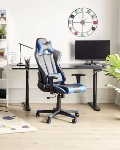 Cadeira De Escritorio Em Pele Sintetica Preta E Azul Gamer