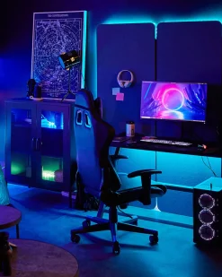 Cadeira De Escritorio Em Pele Sintetica Preta E Azul Gamer