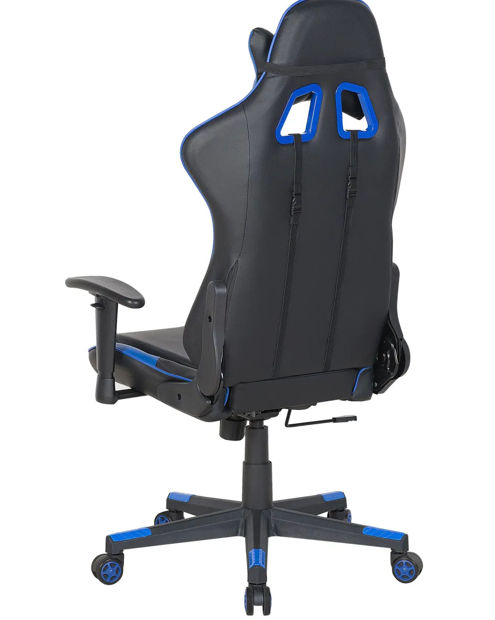 Cadeira De Escritorio Em Pele Sintetica Preta E Azul Gamer