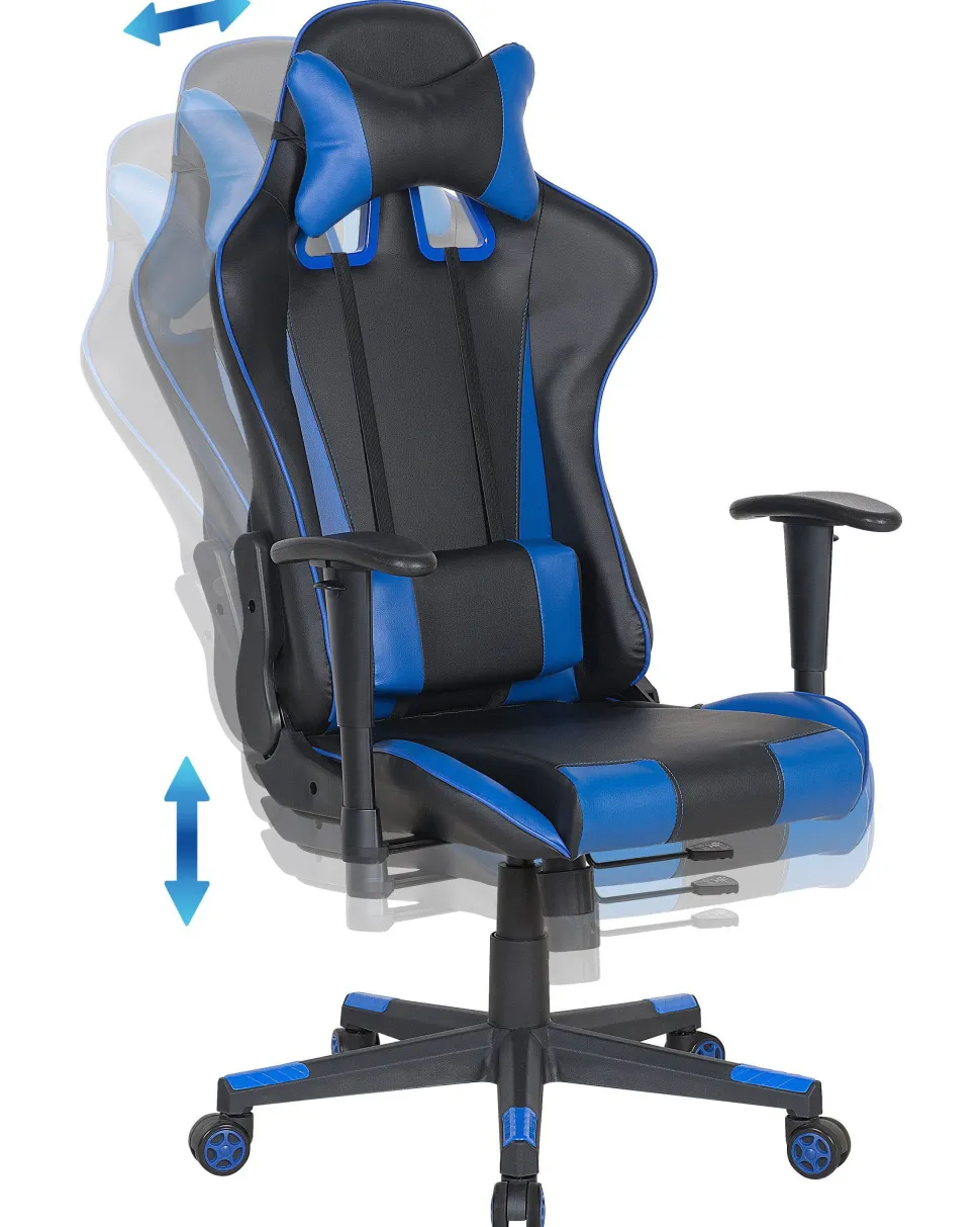 Cadeira De Escritorio Em Pele Sintetica Preta E Azul Gamer