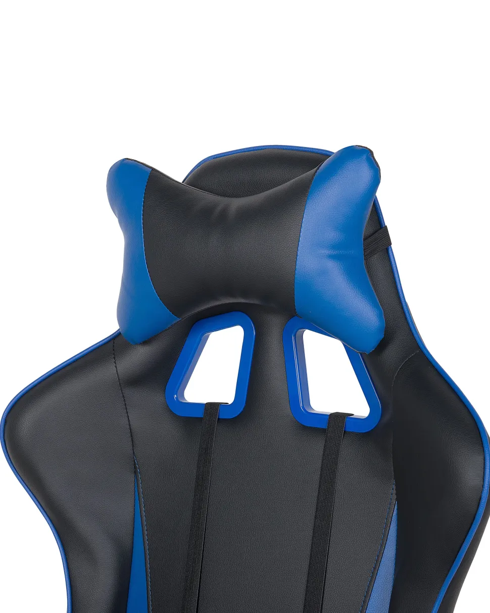 Cadeira De Escritorio Em Pele Sintetica Preta E Azul Gamer