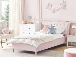 Cama De Solteiro Com Arrumação Em Veludo Rosa Pastel 90 X 200 Cm Metz