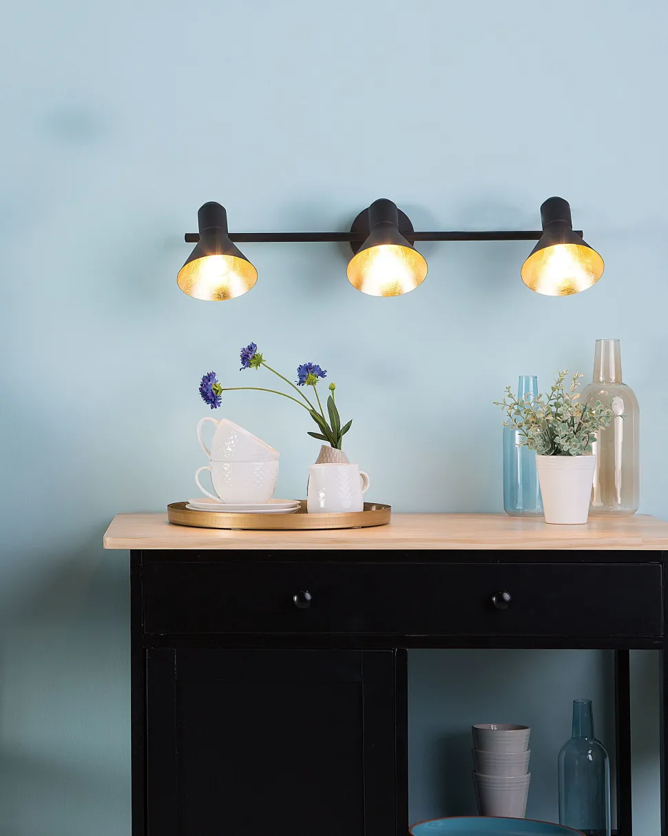 Candeeiro 3 Luzes De Parede Ou Teto Em Metal Preto E Dourado Mersey Ill