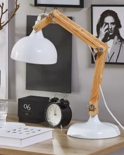 Candeeiro De Mesa Articulado Em Metal Branco E Madeira Salado