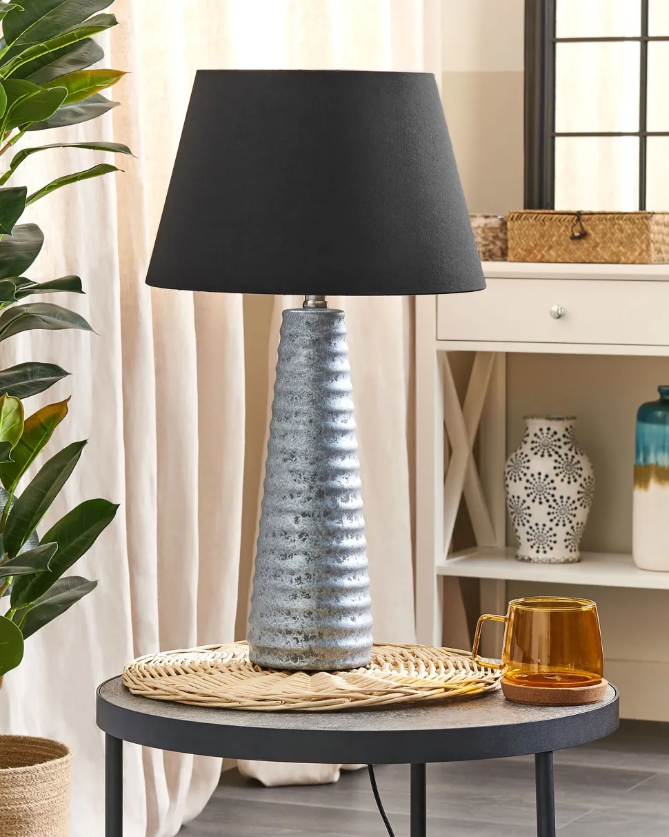 Candeeiro De Mesa Ceramica Prateada E Abajur Preto 58 Cm Vilnia