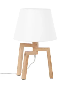 Candeeiro De Mesa Com Pernas De Madeira E Abajur Branco Nalon