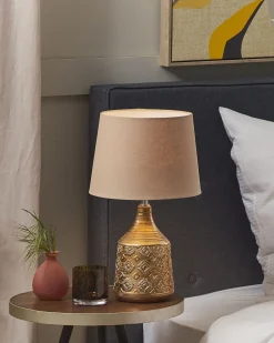 Candeeiro De Mesa De Ceramica Creme E Castanho Dourado 47 Cm Wari