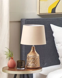 Candeeiro De Mesa De Ceramica Creme E Castanho Dourado 47 Cm Wari