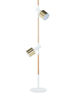 Candeeiro De Pe Em Madeira E Metal Branco E Dourado Com 2 Abajures Owens