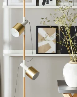 Candeeiro De Pe Em Madeira E Metal Branco E Dourado Com 2 Abajures Owens