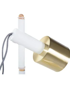 Candeeiro De Pe Em Madeira E Metal Branco E Dourado Com 2 Abajures Owens