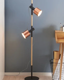 Candeeiro De Pe Em Madeira E Metal Preto E Cor De Cobre Com 2 Abajures Owens
