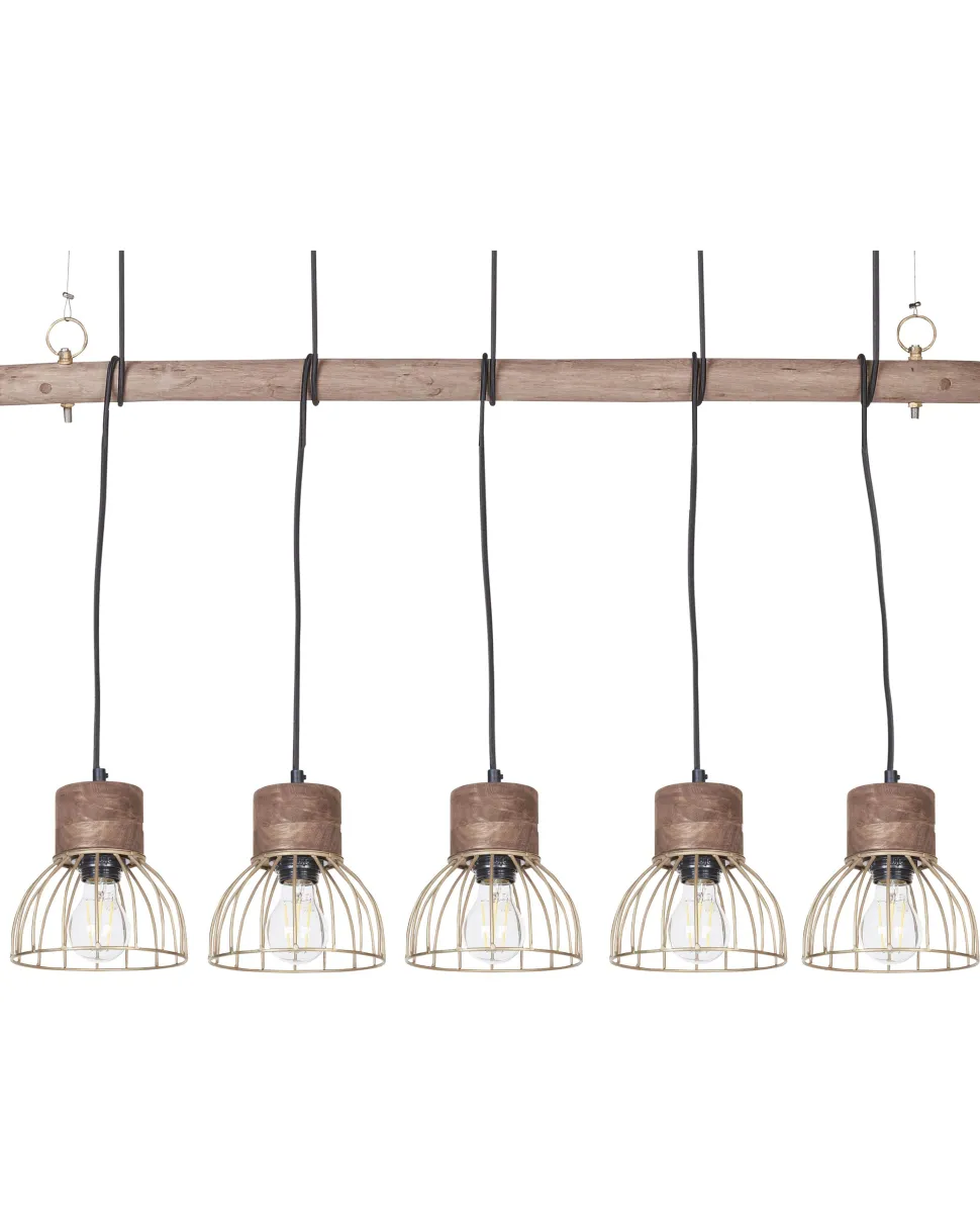 Candeeiro De Teto Cor De Madeira Clara E Bronze Para 5 Lampadas Varada
