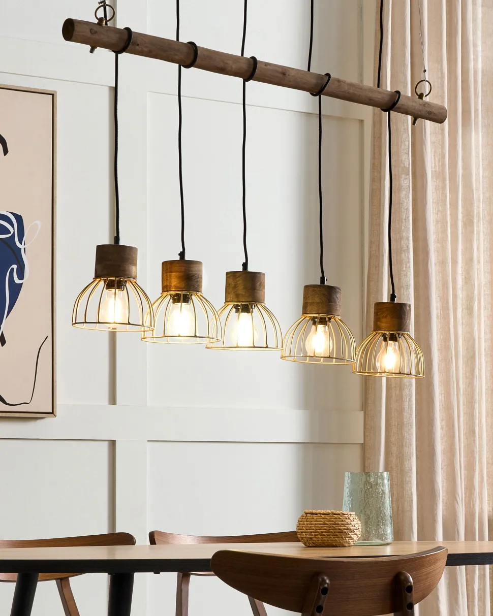 Candeeiro De Teto Cor De Madeira Clara E Bronze Para 5 Lampadas Varada