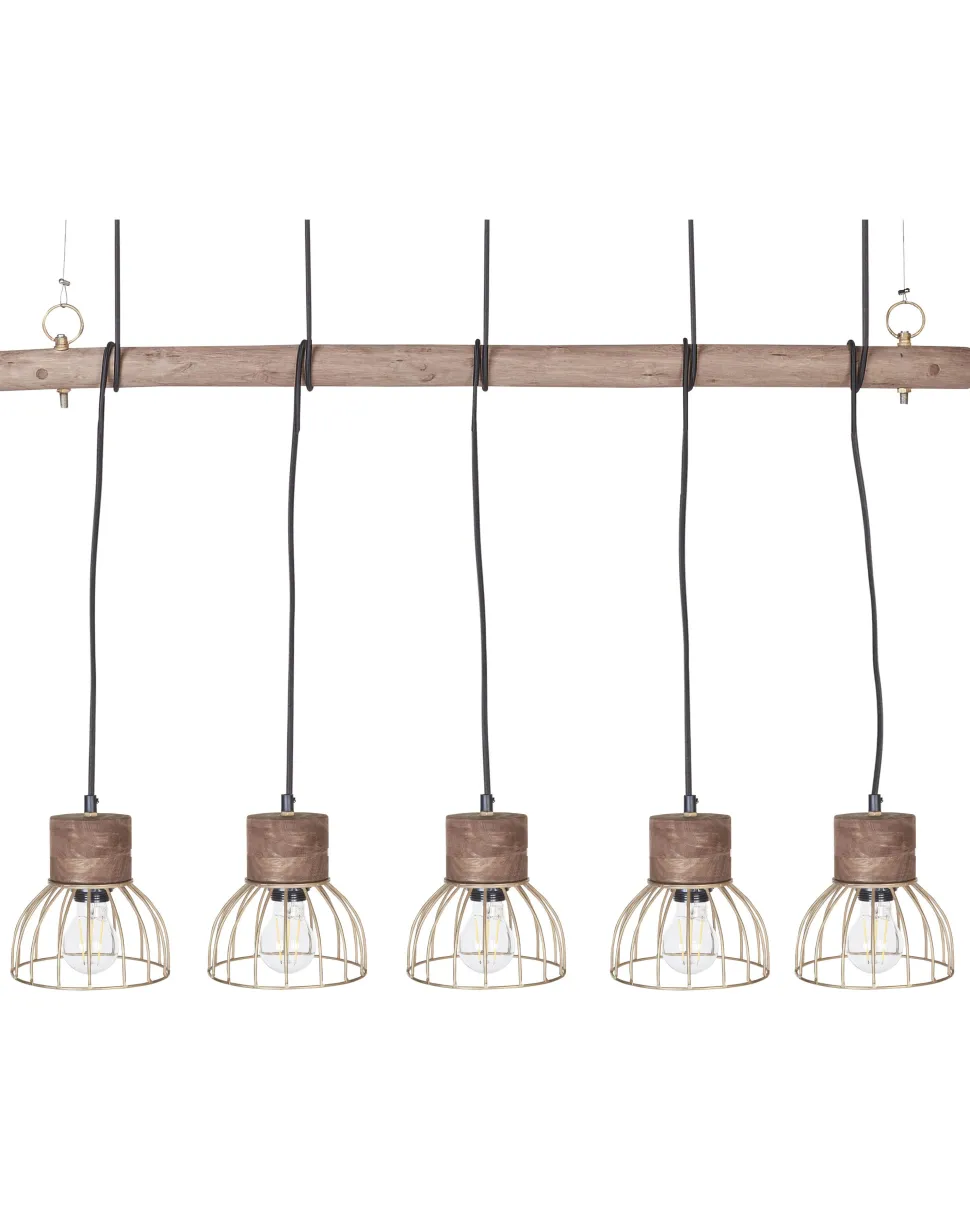 Candeeiro De Teto Cor De Madeira Clara E Bronze Para 5 Lampadas Varada