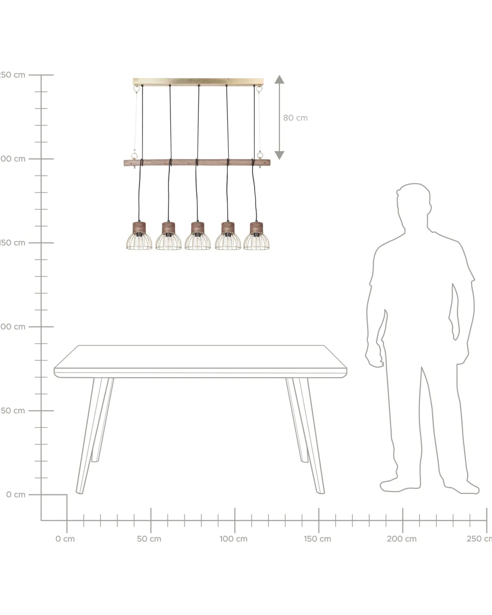 Candeeiro De Teto Cor De Madeira Clara E Bronze Para 5 Lampadas Varada