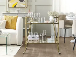 Carrinho De Cozinha Em Metal Dourado Com Tampo De Vidro Noti