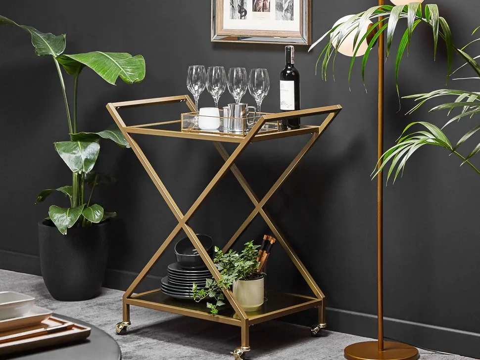 Carrinho De Cozinha Em Metal Dourado Com Tampo Espelhado Ivera