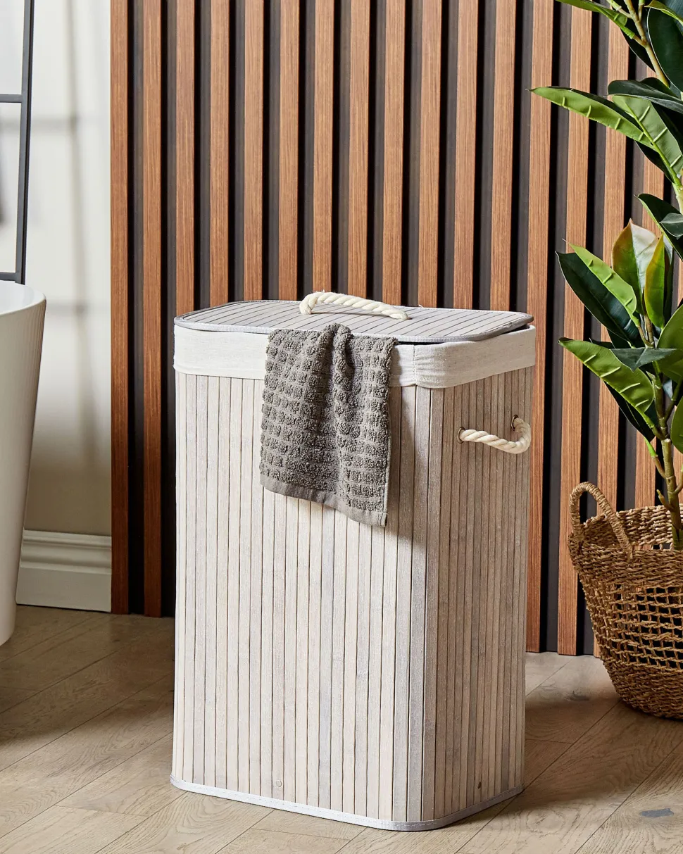 Cesto Em Madeira De Bambu Cinzenta Clara E Branca 60 Cm Komari