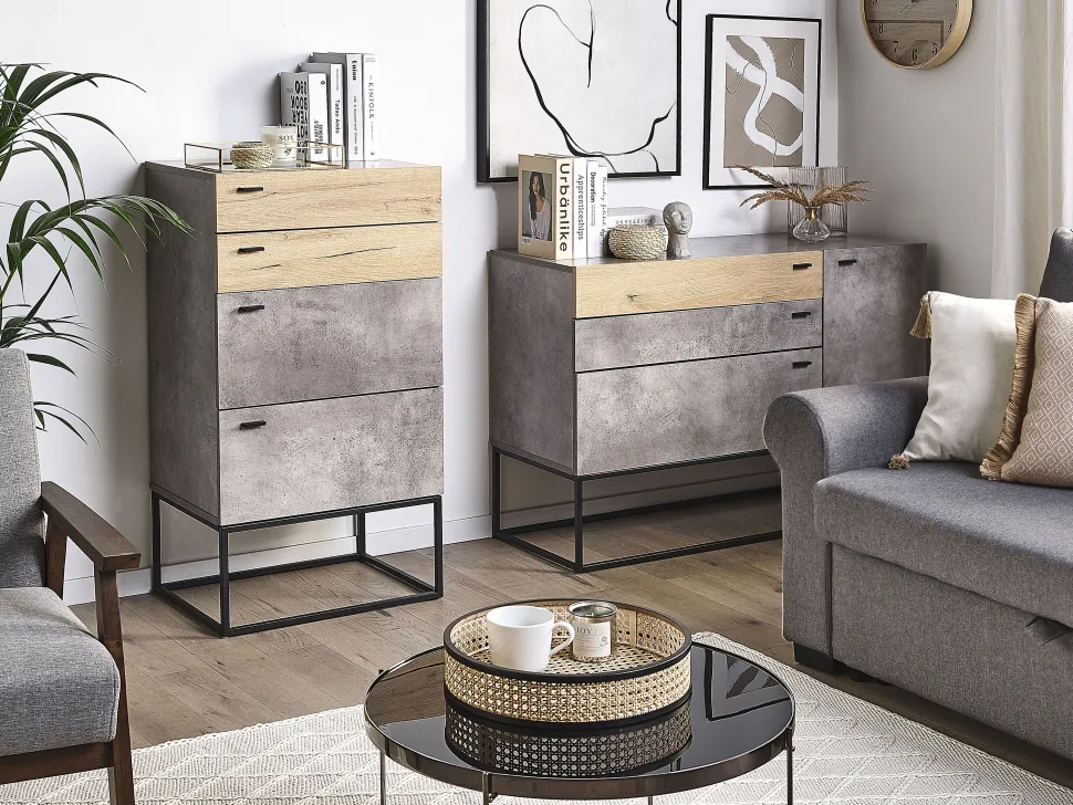 Comoda Com 4 Gavetas Em Efeito De Concreto E Cor De Madeira Clara Acra